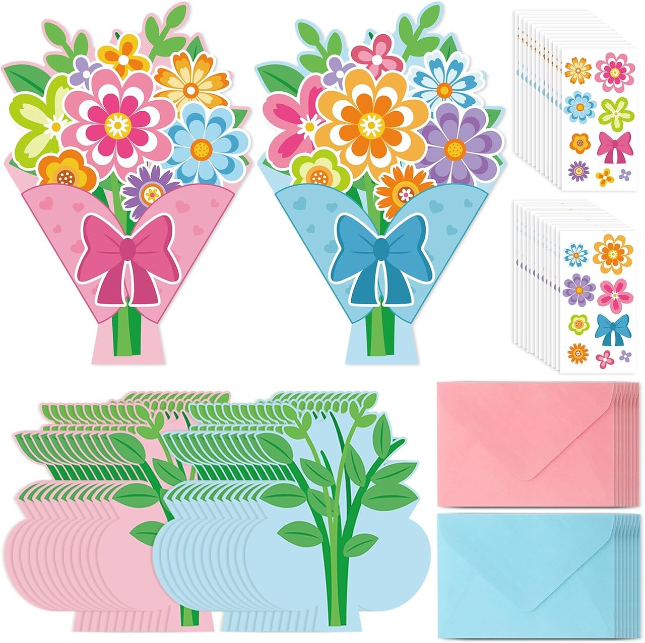 Mother’s Day Card Making Kit for Kids – 24 Sets DIY Flower Bouquet Greeting Cards with Envelopes, Stickers & Glue Dots, Handmade Classroom Craft Gifts for Mom (Bouquet)